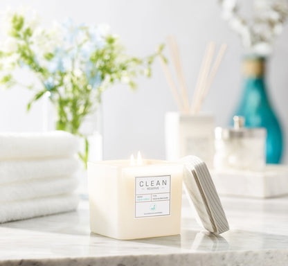 clen reserve Warm Cotton Natural Soy Blend Candle in bathroom