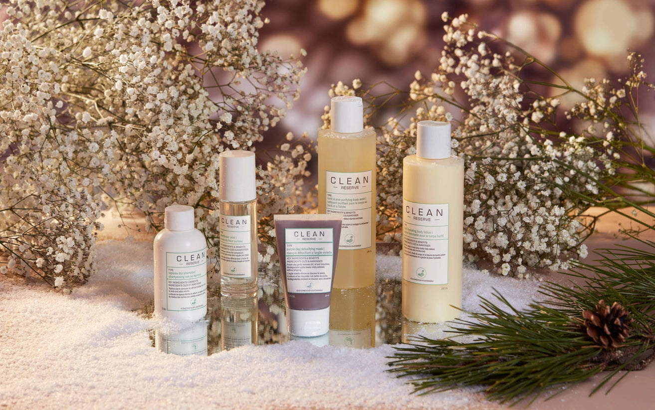 Clean Reserve Hair, Skin, and Body care products on snow