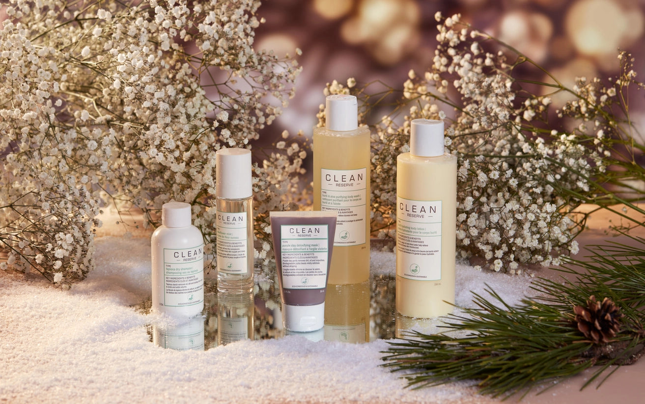 Clean Reserve Hair, Skin, and Body care products on snow