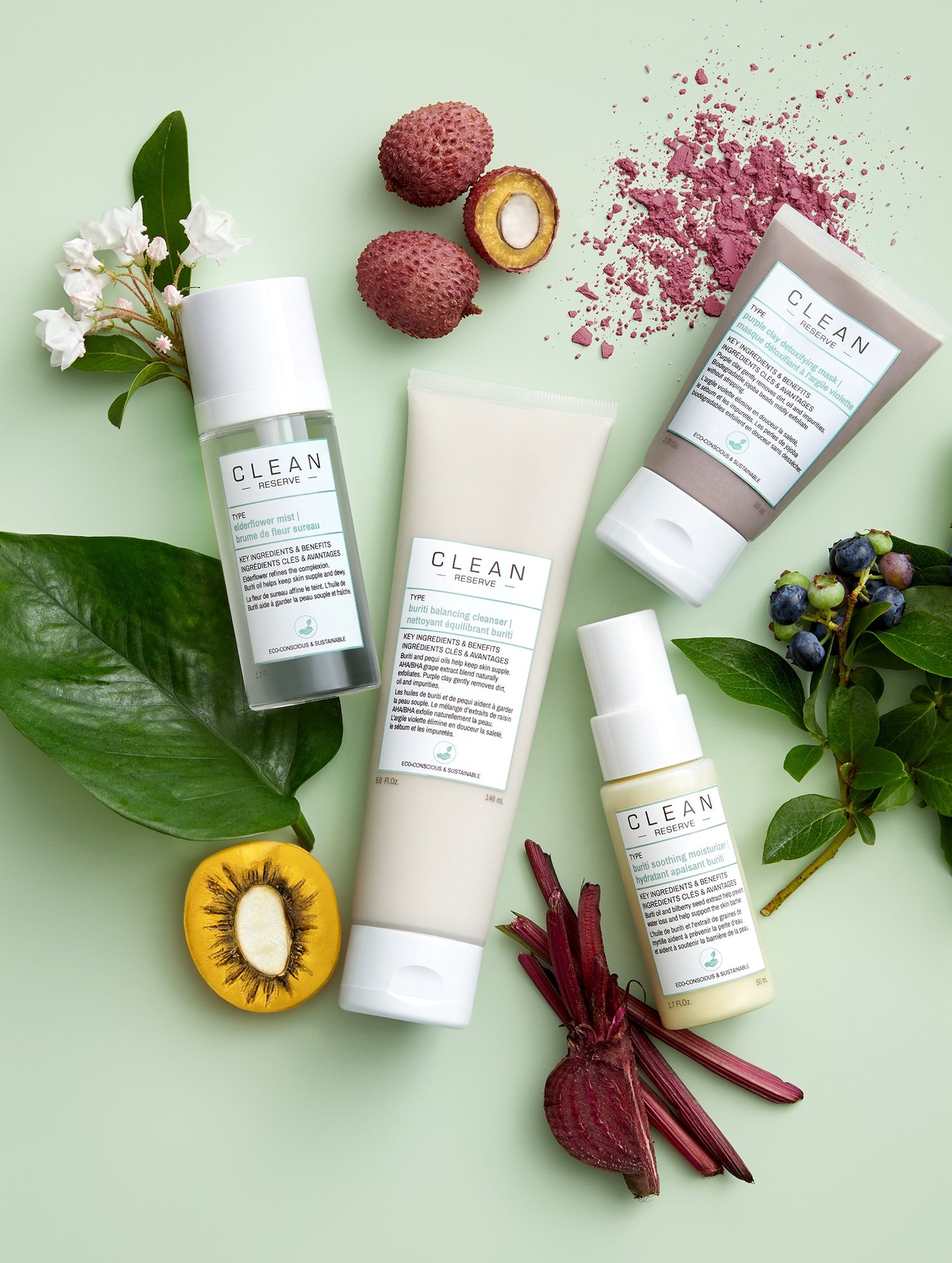 Clean Reserve Skincare collection with ingredients