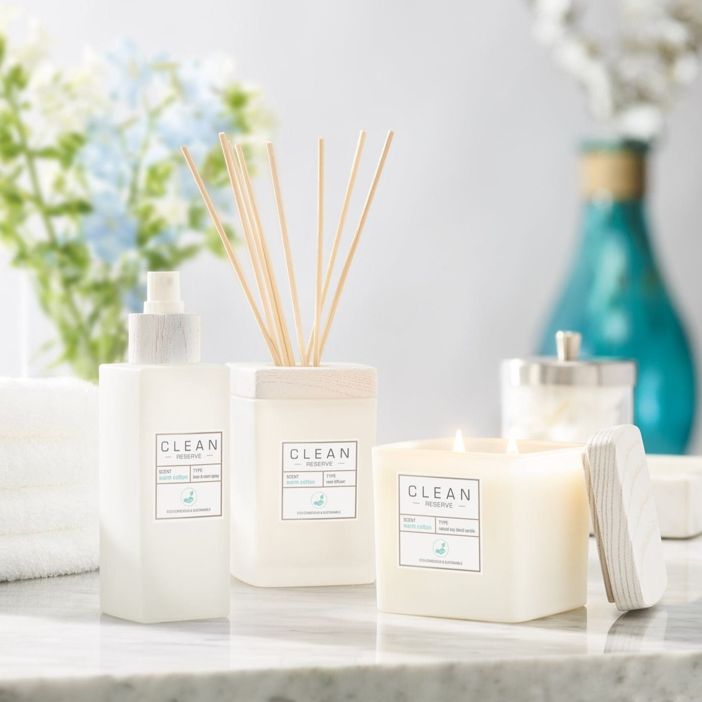 clen reserve Warm Cotton Natural Soy Blend Candle, room spray, and diffuser