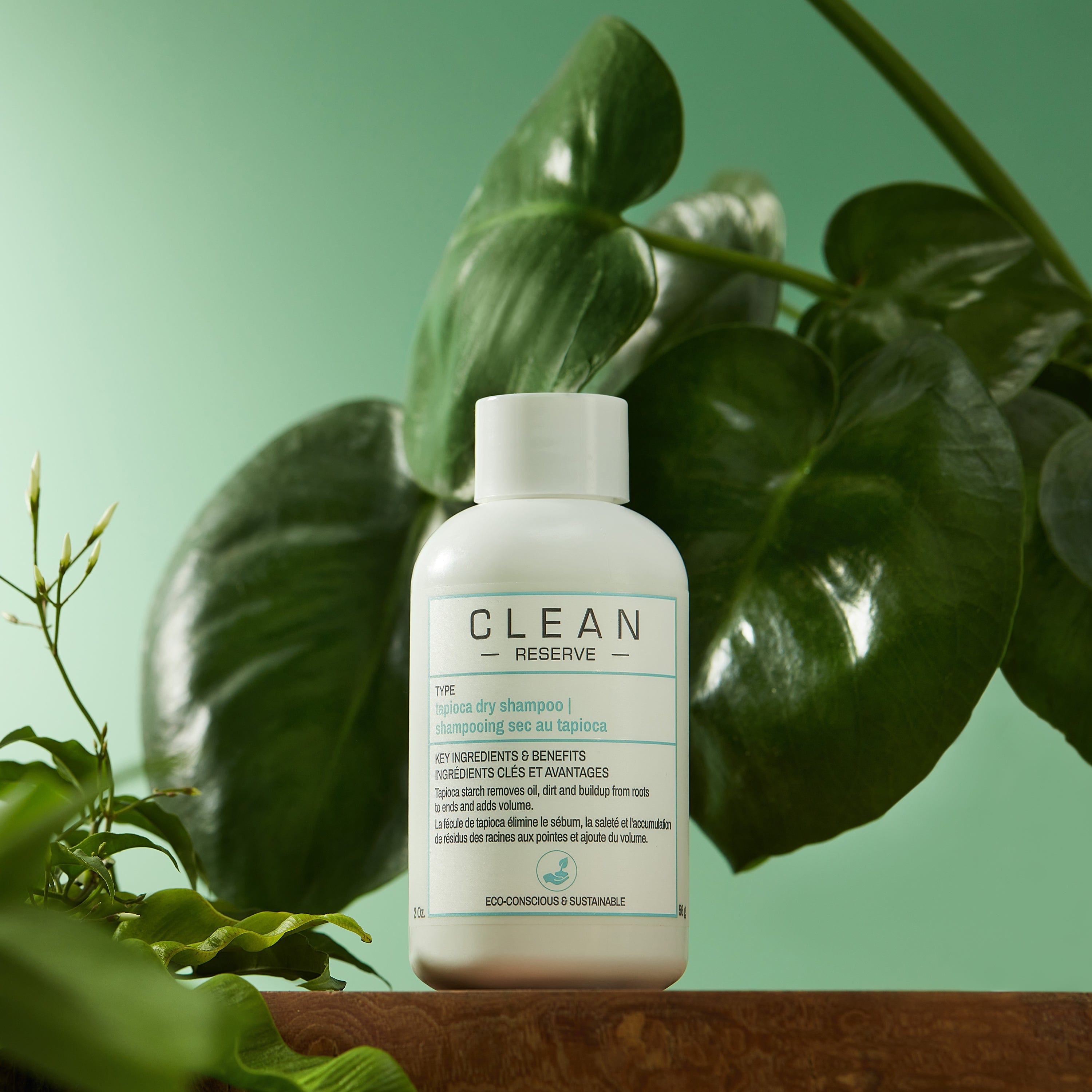 Clean Reserve Tapioca Dry Shampoo with plants